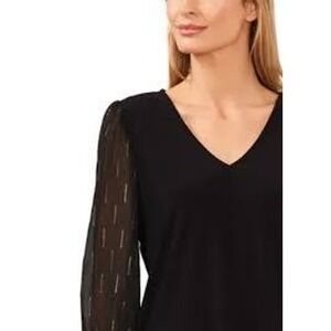 CeCe Womens Blouse L Black Polyester V-Neck Sheer Gold Clip Dot Sleeve
